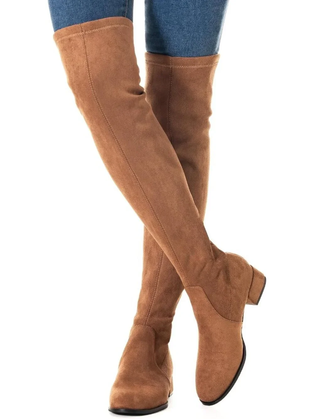 Women's Brown Flat Pointed Toe Chunky Block Heel Over The Knee High Boots